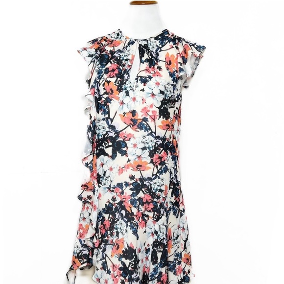 Parker Asymmetrical Ruffled White Colorful Floral Print Sleeveless Dress - Picture 7 of 12
